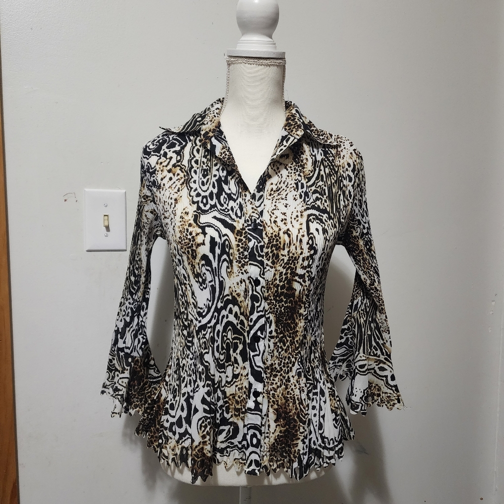 Essentials by Milano Black and Tan Patterned Blouse